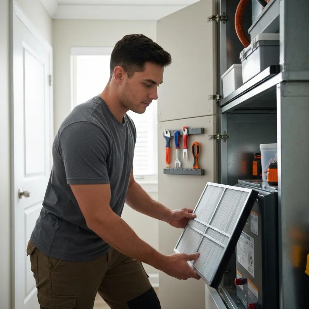 Homeowner replacing an air filter — a common, safe DIY furnace task