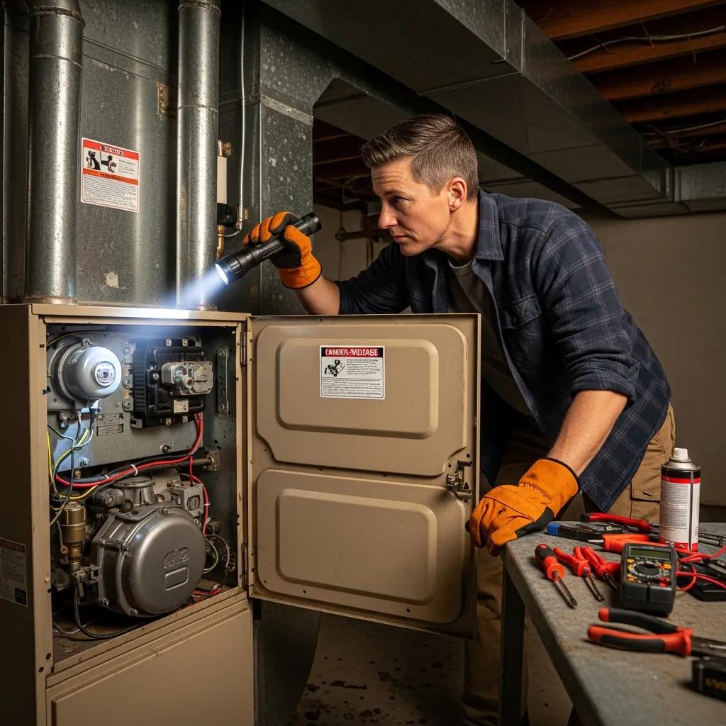A homeowner checking a basement furnace during a routine inspection