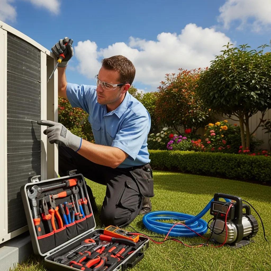 A technician working on an outdoor air conditioning unit, addressing a common AC repair